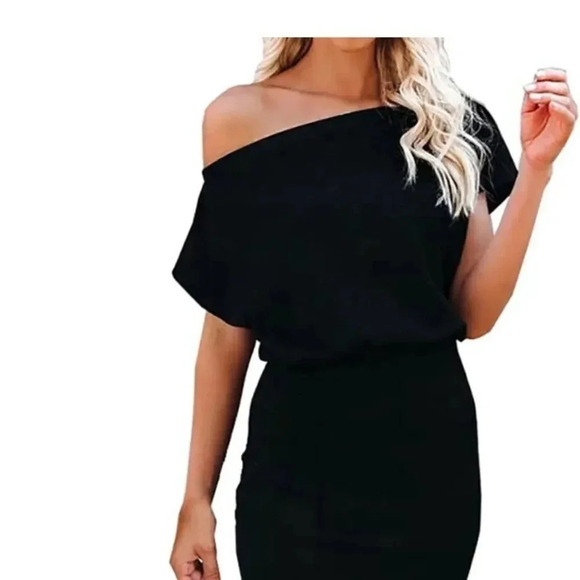 SHORT SLEEVE OFF THE SHOULDER RUCHED SKIRT BODYCON DRESS SIZE M BLACK - Picture 12 of 12